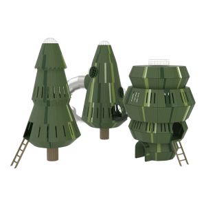 Wooden Play Sculpture Forestline with a rope bride, tube slide, and bridge.