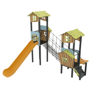 Tetto Series DGTS 104 R playground with slide, rope bridge, and elevated house-style platforms