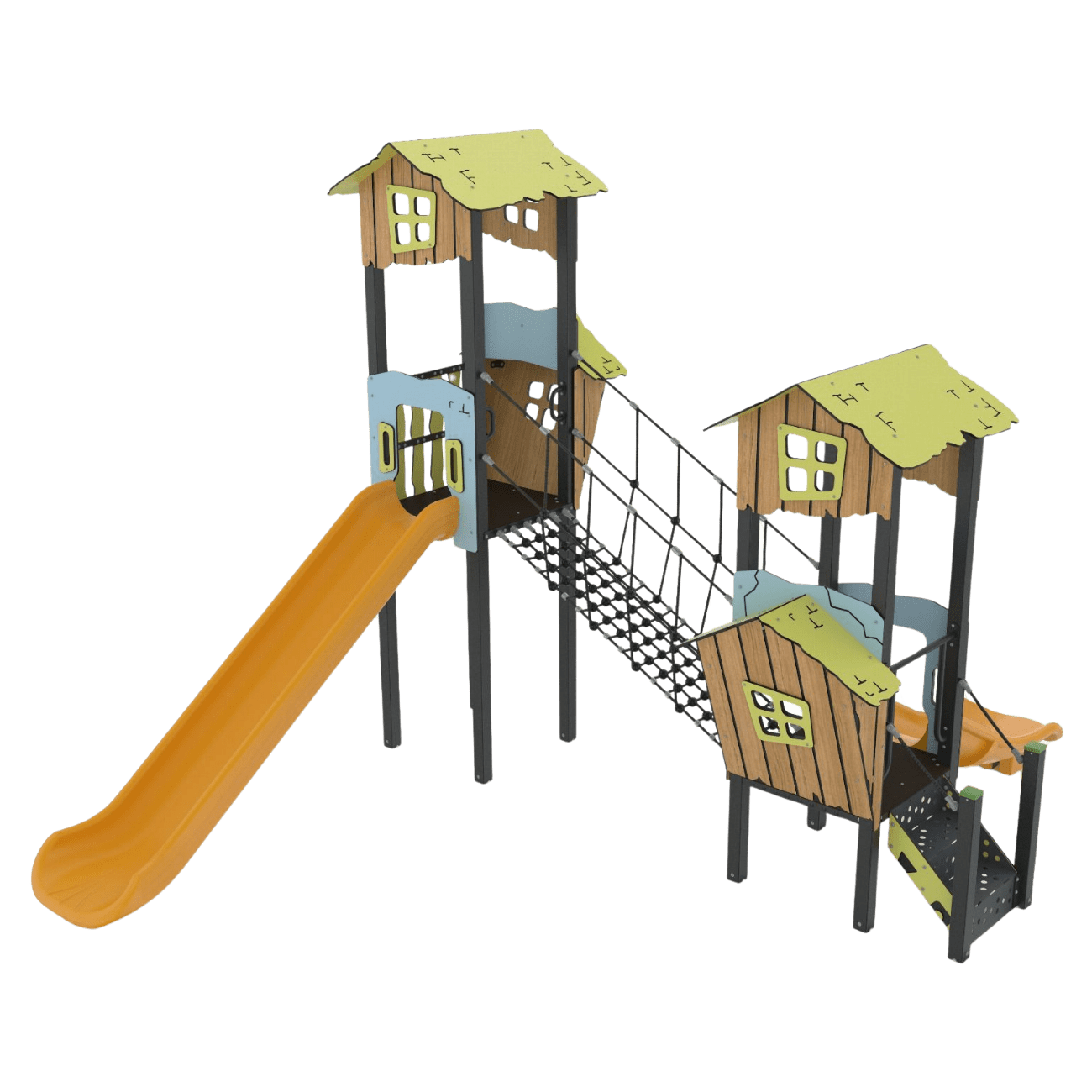 Tetto Series DGTS 104 R playground with slide, rope bridge, and elevated house-style platforms