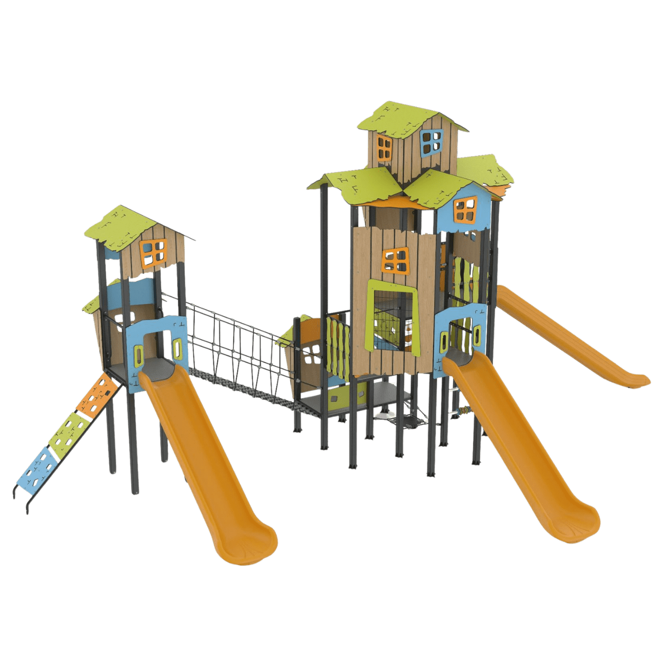 Tetto Series DGTS 202 R playground with slides, rope bridge, and elevated house-style towers